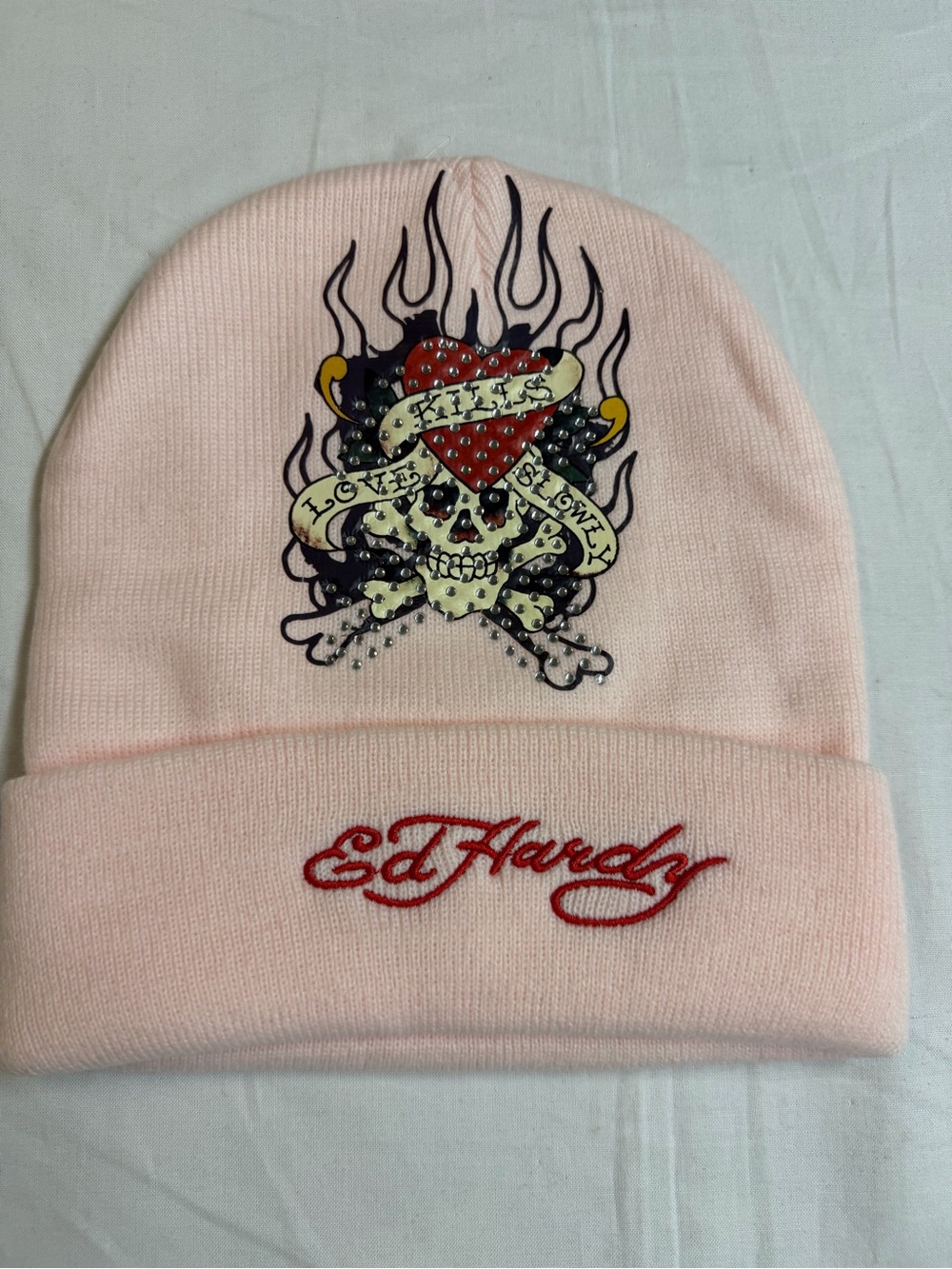 Ed Hardy Pink Knit Beanie with Rhinestone Skull & Heart Patch